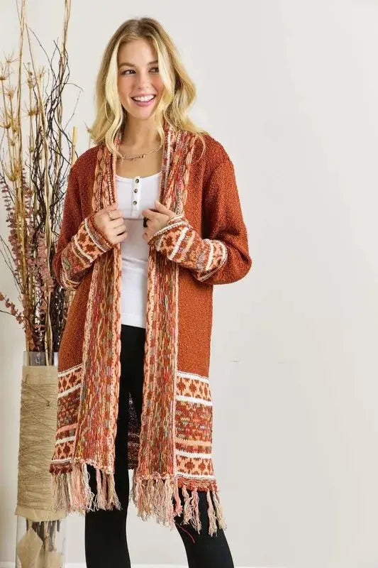 ADORA Full Size Fringe Hem Aztec Border Cardigan Plus Size - Love Salve